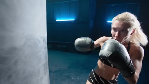 Low Viewing Angle Young Woman Delivering Powerful Punches Punchbag Female — Video