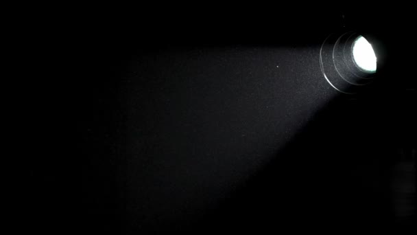 浮尘粒子在黑色的背景上闪闪发光 宏观拍摄的白色粉末移动通过空间在光束从聚光灯或发光灯 许多具有防震效果的雪花 — 图库视频影像