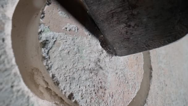 Macro Shot Process Gouging Hole Plaster Wall Socket Metal Nozzle — Video Stock