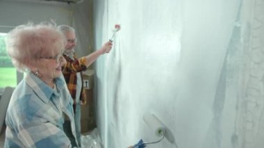 Elderly man and woman are painting wall with white paint using paint rollers. Couple of pensioners is making repairs in their apartment against backdrop of window with bright sunlight and have fun
