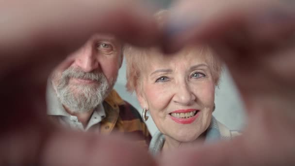 Retrato Una Feliz Pareja Ancianos Está Haciendo Corazón Mano Mirando — Vídeos de Stock