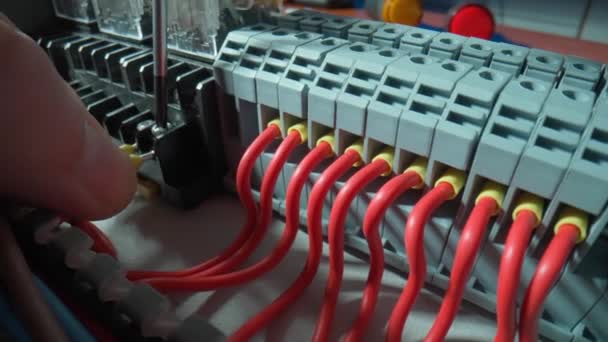 灰色塑料面板 有许多红线 黄色衬套 电器元件 自动开关 用螺丝刀用螺丝钉紧固金属丝 高压电源 — 图库视频影像