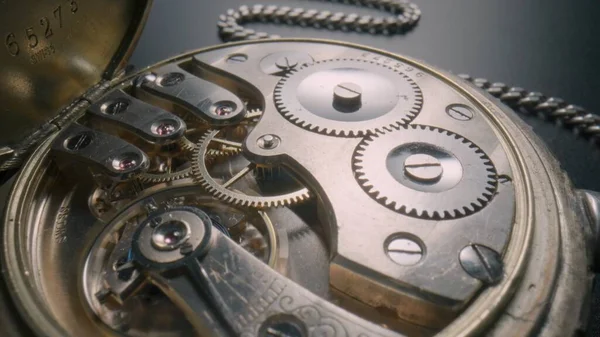 Internal Working Mechanism Antique Pocket Watch Gray Background Reverse Side — Fotografia de Stock