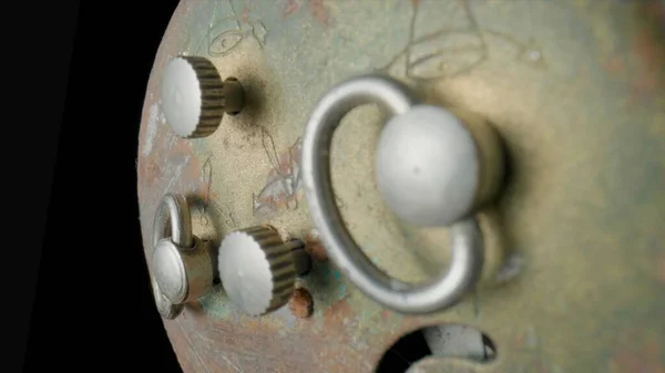Reverse Side Old Rusty Alarm Clock Winding Mechanism Rotary Knobs —  Fotos de Stock