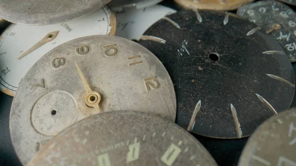 Old Worn Clock Dials Aged Scratched Watch Faces Hands Numbers — Stock Photo, Image