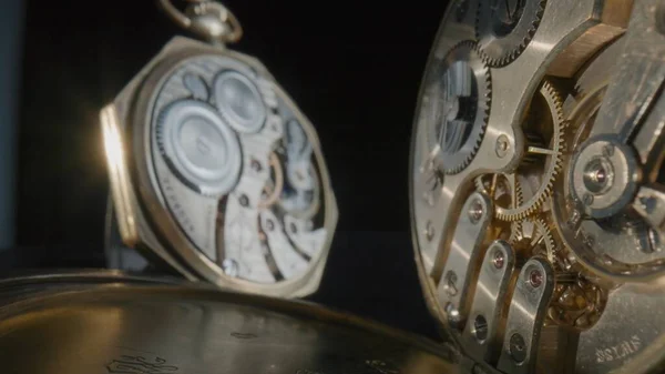Two Antique Gold Pocket Watches Clockwork Isolated Black Studio Background —  Fotos de Stock