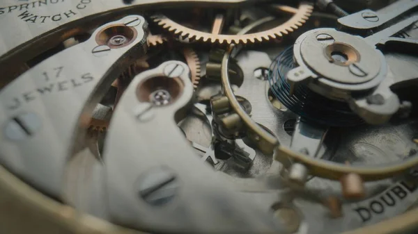 Internal Vintage Clockwork Mechanism Macro Gold Gears Metal Gearing Wheels — Stock Photo, Image