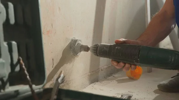 Man Drilling Hole Concrete Wall Socket Builder Drills Hole Rotating — Stock Photo, Image