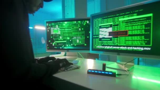Hacker Typing Computer Keyboard Cracking Password Man Black Hoodie Gloves — Vídeo de Stock