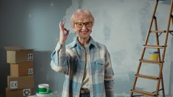 Elderly Woman Glasses Looking Camera Showing Gesture Smiling Portrait Female — Fotografia de Stock