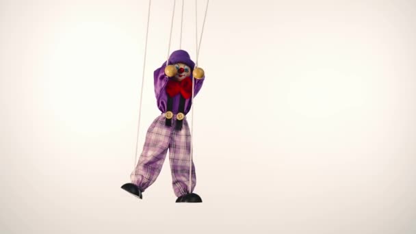 Marionette Clown Hanging Strings Dancing Rag Doll Purple Suit Hat — Stok Video