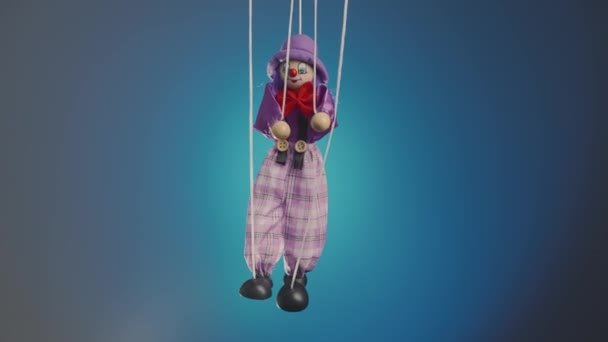 Marionette Clown Hanging Strings Dancing Rag Doll Purple Suit Hat — Vídeo de Stock