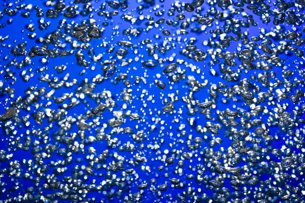 Lot Shiny Air Bubbles Different Sizes Underwater Blue Background Close — Stock Photo, Image