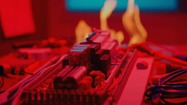 Burning Switchboard Overload Short Circuit Circuit Breakers Fire Overheating Due — Stock fotografie