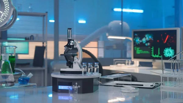 Modern Medical Research Laboratory Empty Workplace Scientist Researcher Computers Microscope — Stockfoto