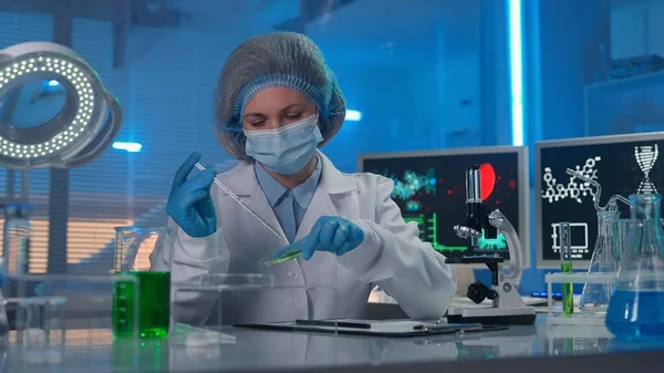 一位女科学家正在用玻璃管把一种绿色液体塞入培养皿 女医生或研究人员穿着白袍 蓝色手套和帽子 现代生化实验室 — 图库照片