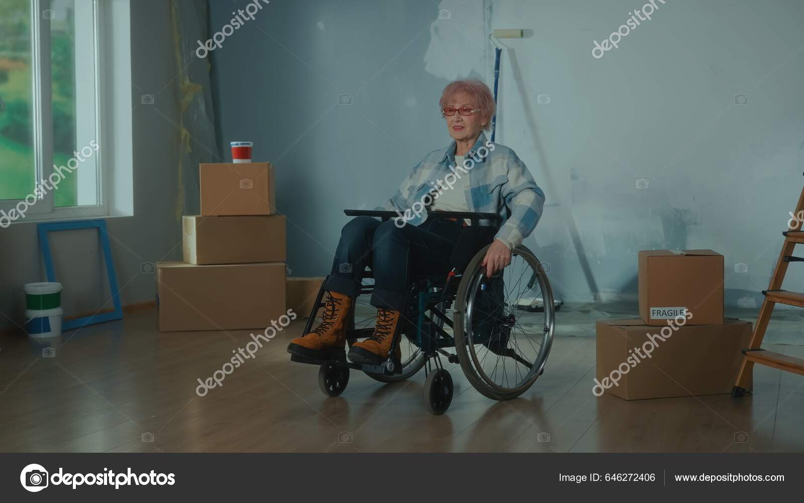 Elderly Disabled Woman Wheelchair Aged Woman Room Window Cardboard Boxes  Stock Photo by ©KinoMasterDnepr 646272406