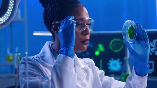 Młoda Afroamerykanka Bada Szalkę Petriego Zieloną Próbką Hodowanych Bakterii Czarna — Wideo stockowe