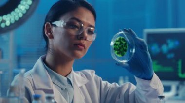Koreli bir kadın doktor, yeşil bir bakteri örneğiyle petri kabını inceliyor. Beyaz tıbbi önlüklü, gözlüklü ve eldivenli Asyalı kadın mavi ışıklı modern bir biyokimya laboratuvarında çalışıyor.