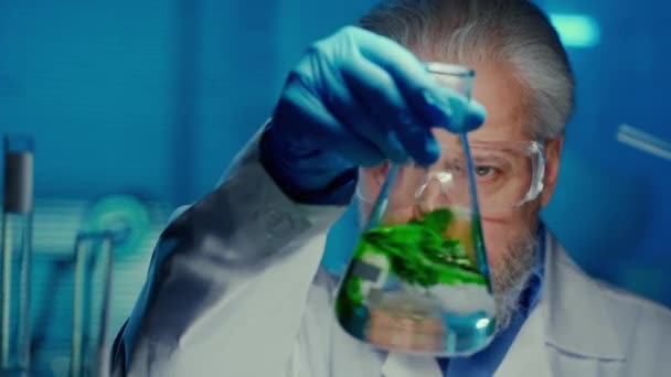 Médico Edad Avanzada Sacude Frasco Con Una Sustancia Verde Que — Vídeos de Stock