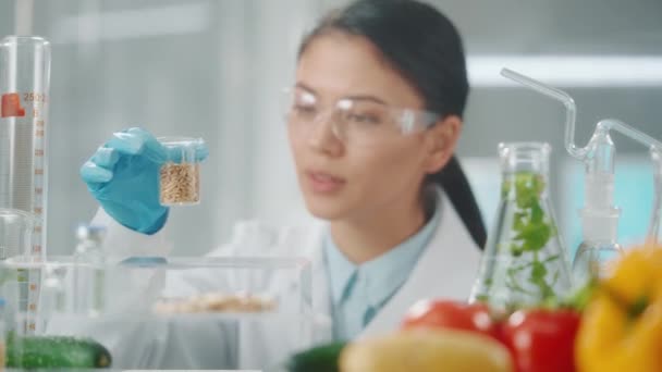 年轻的亚洲女研究员研究谷物 燕麦或大麦 生物学家分析在实验室生长的样本种子的质量 生物油菜中豆科植物的生物学实验B — 图库视频影像