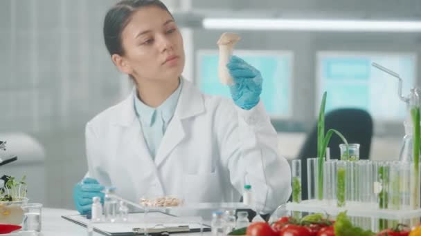 Asian Female Researcher Examines Royal Oyster Mushroom Eringi Takes Notes — Stock Video
