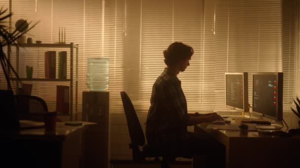 一个晚上坐在黑暗的办公室里 在电脑键盘上打字的男人的轮廓 经理在一个装有背光的大窗户附近的计算机上工作 办公室工作 自由职业 — 图库视频影像