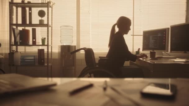 Silhouette Einer Jungen Frau Rollstuhl Die Abends Einem Dunklen Büro — Stockvideo