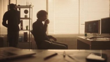 İki genç adamın siluetleri bilgisayar ekranında yeni bir projeyi ya da raporu tartışıyor. Erkek yöneticiler geceleri karanlık bir ofiste arka planda arka planda çalışan pencerelere karşı çalışırlar. Takım çalışması.