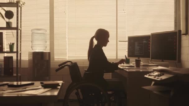 Силуэт Молодой Женщины Инвалидной Коляске Печатающей Клавиатуре Компьютера Пьющей Кофе — стоковое видео