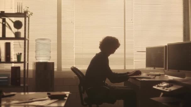 一个年轻人的轮廓是在电脑键盘上打字 翻阅报告 沮丧地撒布 经理坐在靠窗的桌旁 背光着 办公室 — 图库视频影像
