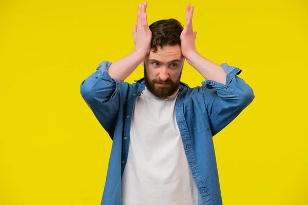 All is lost. Desperate looser yellow background. Crazy hipster feel lost. Bearded man hold head in frustration. Lost the game. Failed to win. Gambling and betting. Won some lost some