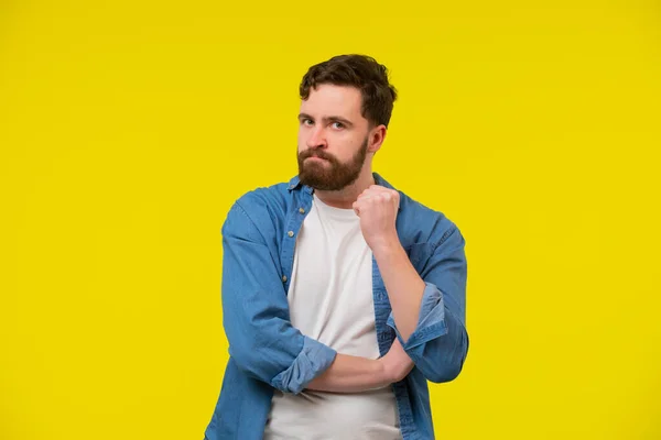 Middle Age Man Beard Standing Yellow Background Showing Middle Finger — Fotografia de Stock