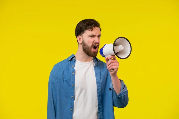 Handsome Man Isolated Yellow Wall Shouting Megaphone — Stock Photo, Image