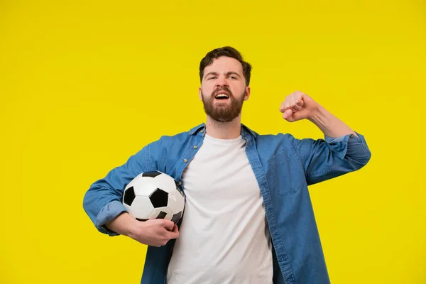 Excited Young Bearded Man Football Fan White Shirt Cheer Support — Stock Photo, Image