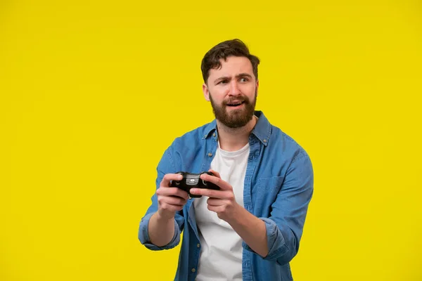 Close Photo Nervous Scary Fan Video Games Holding Console Isolated — Stock Photo, Image