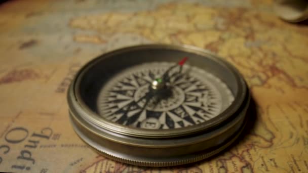 Old Vintage Retro Compass Ancient Map Composition Illuminated Candles Macro — Stock Video