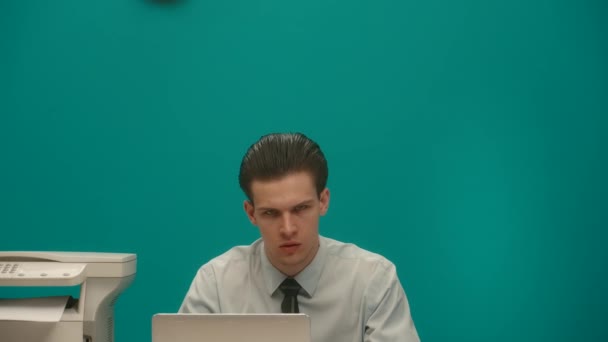 Office Worker Sitting His Desk Laptop Next Him Freak Woman — Stock Video