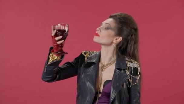 Woman Provocative Clothes Bright Makeup Inhales Aroma Wine Glass Her — Stock Video