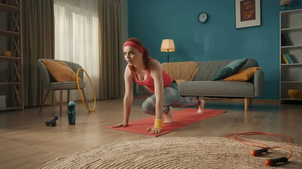 Kızıl Saçlı Bir Kız Fiziksel Egzersiz Yapıyor Dağcı Uzanarak Koşuyor — Stok fotoğraf
