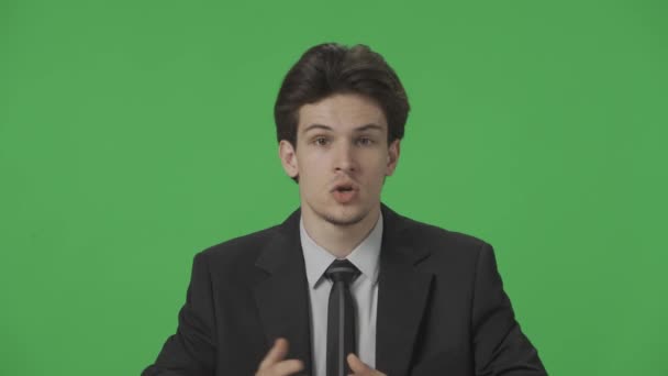 Studio Live News Program Green Screen Background Presenter Suit Speaks — Stock Video