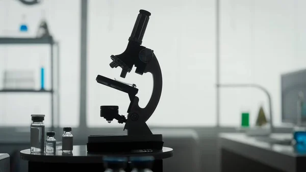 Современная Медицинская Исследовательская Лаборатория Микроскопом Пробирками Биохимикатами Столе Крупным Планом — стоковое фото