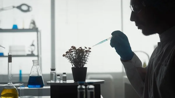 Scientist Works Laboratory Close Man Uses Pipette Add Blue Chemical — Stock Photo, Image