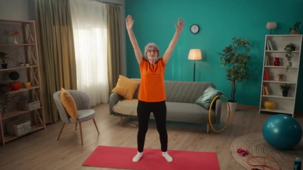 Äldre Kvinna Gör Uppvärmning Innan Träningen Den Gråhåriga Kvinnan Lyfter — Stockvideo