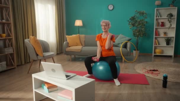 做运动的老年妇女坐在笔记本电脑前的健身球上 一位老年妇女用哑铃做二头肌运动 家庭健身概念 在线体育课 — 图库视频影像