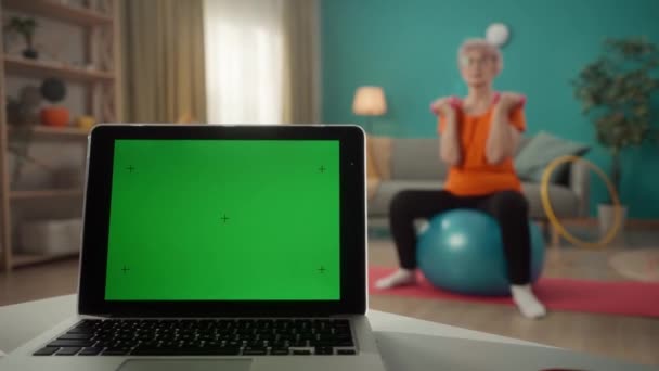 Oturma Odasındaki Bulanık Arka Planda Yeşil Ekranlı Bir Dizüstü Bilgisayar — Stok video