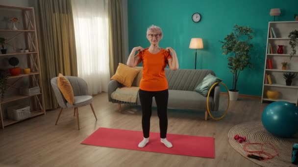 Portrait Healthy Elderly Woman Exercising Elastic Band Doing Sports Apartment — Stock Video