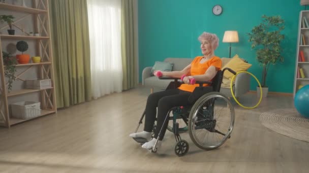 リビングルームでダンベルで運動車椅子の高齢女性 高齢者の白髪の女性は腕の筋肉を訓練し バイクやトリップをポンプします 物理的なリハビリテーションの概念 Hdr Bt2020 — ストック動画