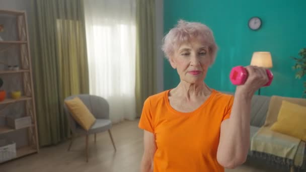 Retrato Una Anciana Pelo Gris Haciendo Ejercicios Fitness Con Pesas — Vídeo de stock