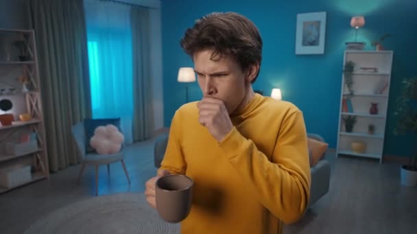 Man Cold Symptoms Drinks Warm Tea Lemon While Standing Living — Video Stock